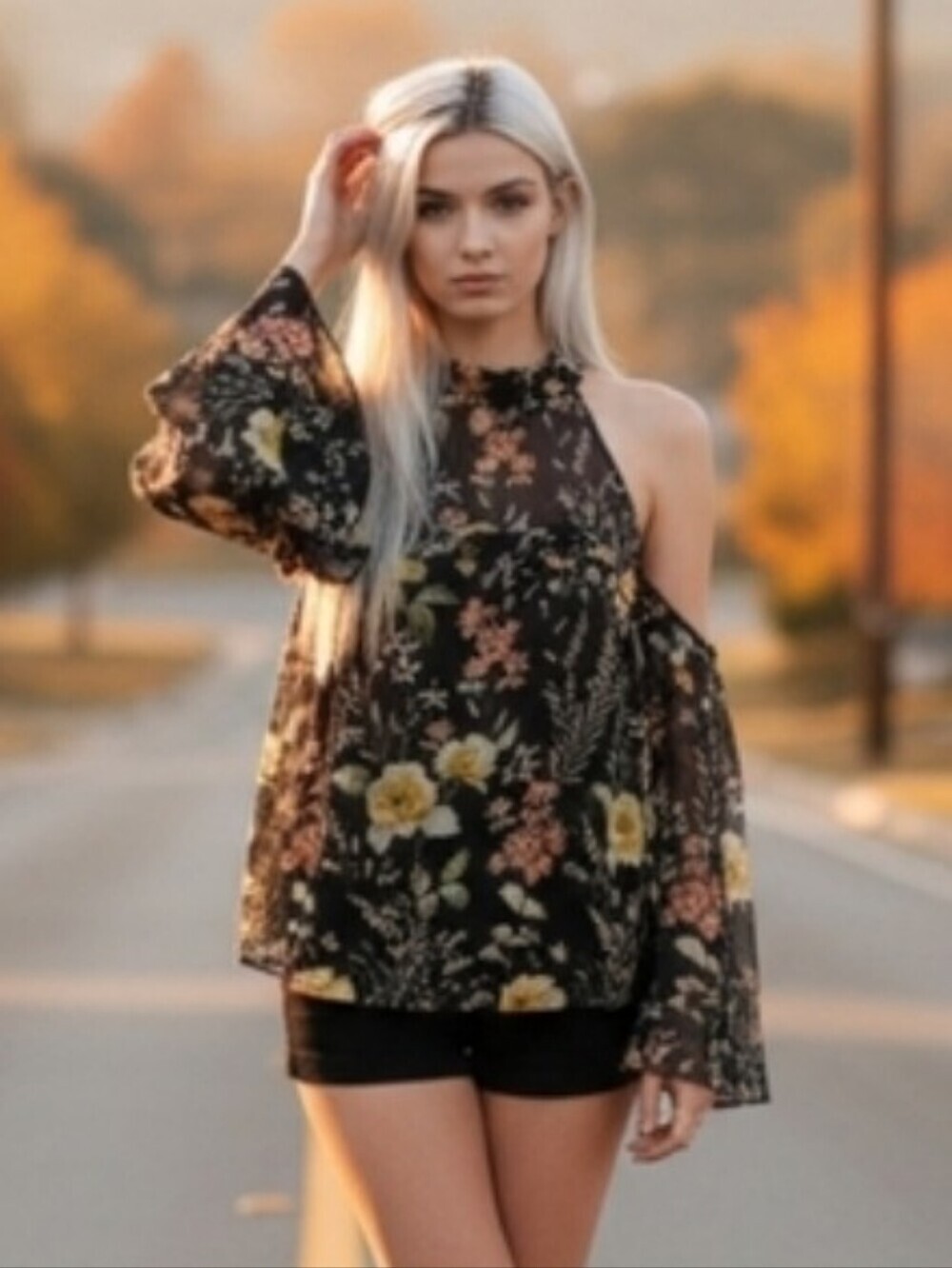 Sheer floral Whimsigoth Oversized Dramatic cold shoulder High Neck Blouse